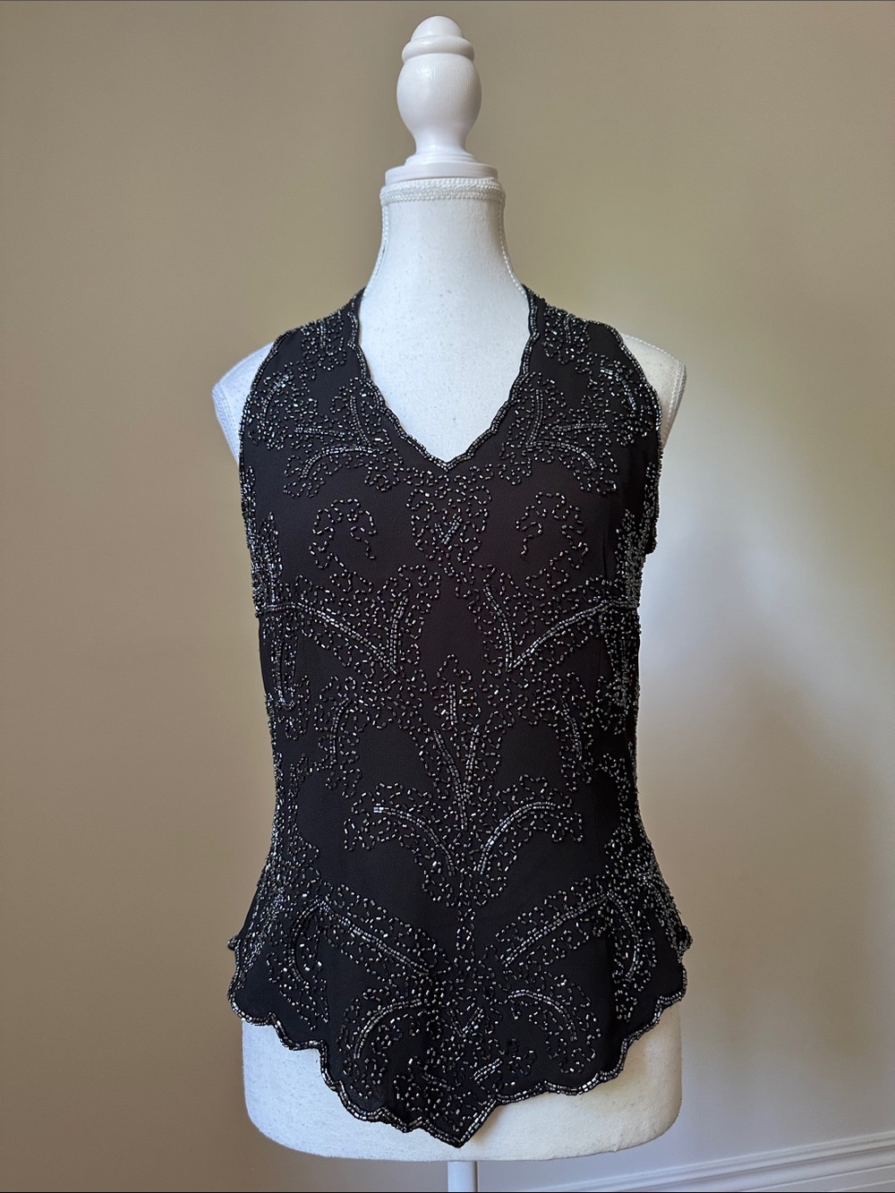 JMD NEW YORK Vintage Black Beaded‎ Faux Halter Scalloped Fairy Whimsy Top Small